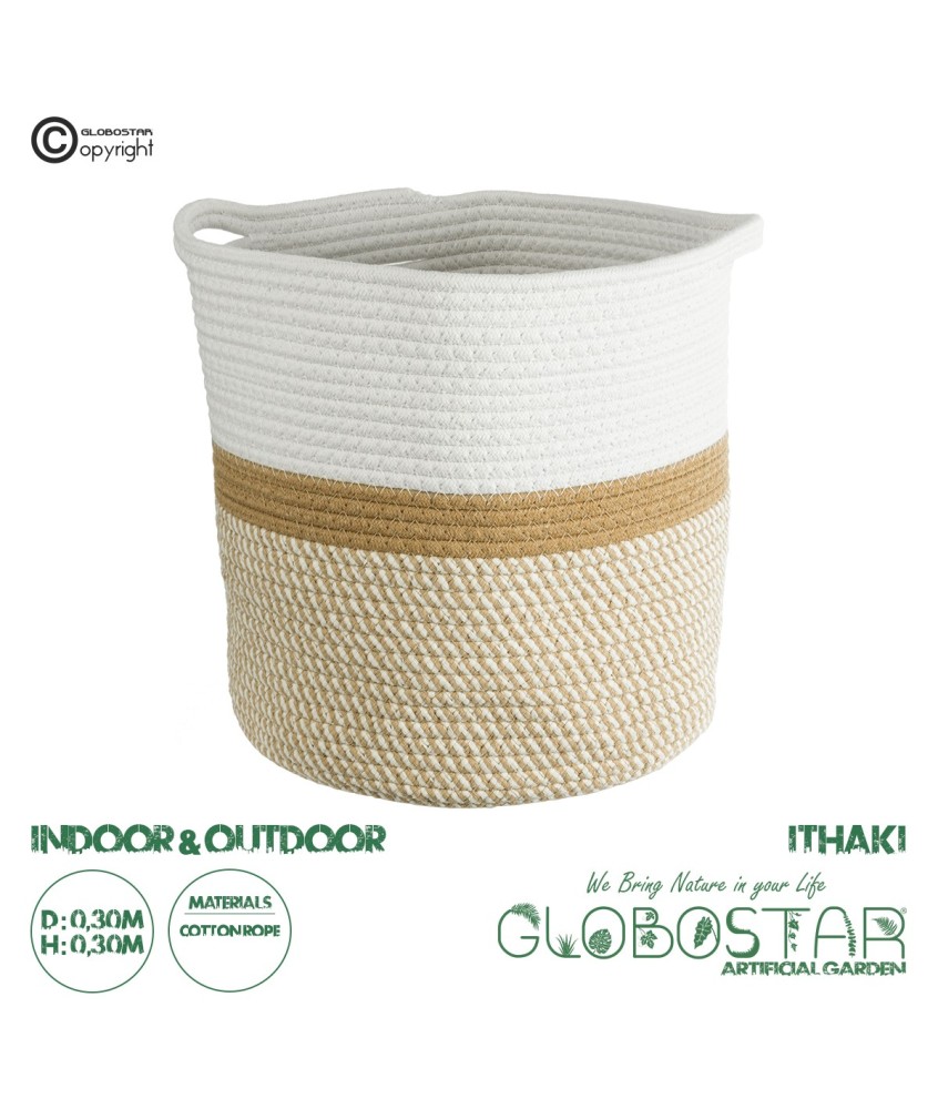 GloboStar® Artificial Garden ITHAKI 20325 Διακοσμητικό Πλεκτό Καλάθι - Κασπώ Γλάστρα - Flower Pot Μπεζ με Λευκό Φ30 x Υ30cm
